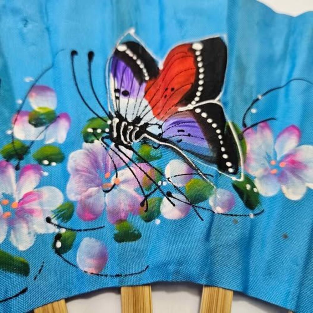 Vintage Thailand Painted Folding Hand Painted butterflies Bamboo Wall hand fan - Picture 4 of 8